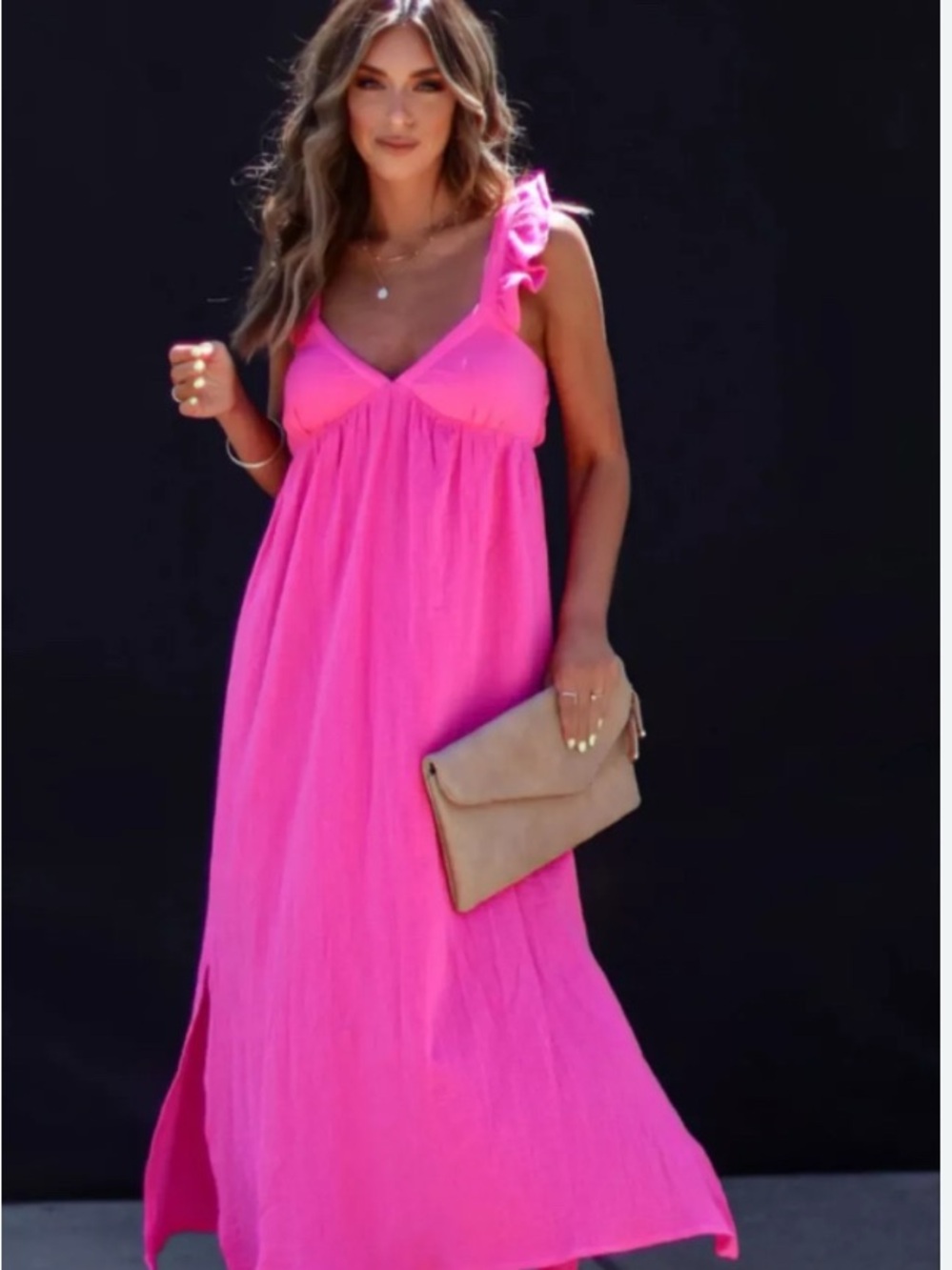 Vici Hot Pink Ruffle Strap Midi Dress